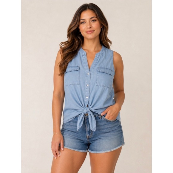 Chico's Tops - Chico's Blue Lyocell Sleeveless Tie Front Button Down Top Size 1